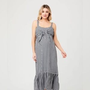 Ripe Maternity Gingham Nursing Maxi Dress in Black Plaid. NWT. SZ L